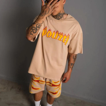  Alev Baskılı İkili Şortlu Takım - Bej -